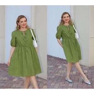 Dokotoo Mini Dress Olive Green Eyelet Lace Knee Length Short Puffy Sleeve Size S